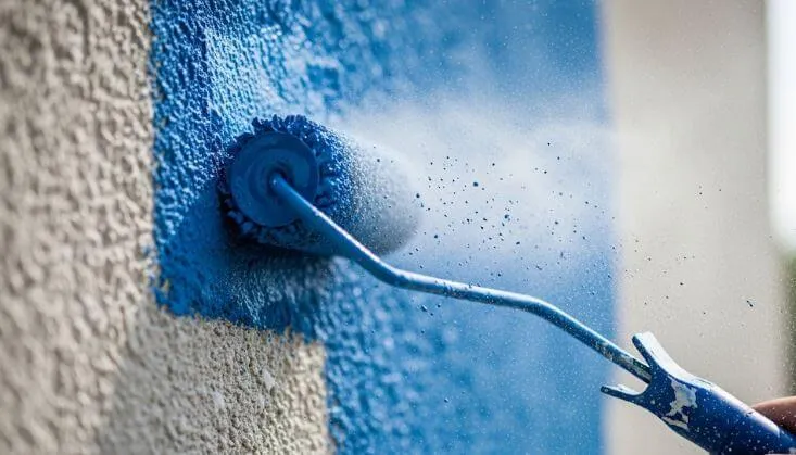 外壁塗装でローラーを使用した際に、細かい塗料がミスト状になって空気中に飛散している様子のリアルなクローズアップ写真。ローラー塗装でも塗料が飛ぶことを示している。