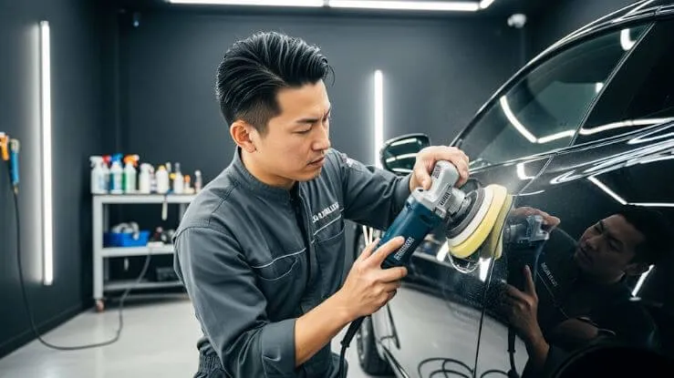 日本の専門家が、塗料ミストが付着した車体をポリッシャーで丁寧に磨き上げている作業風景。専門的な技術と知識が必要なミスト除去作業の様子。