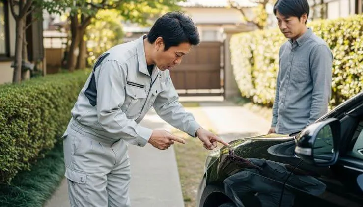 車の塗料ミスト被害について、日本人塗装業者が車のオーナーに対し、真摯に状況を説明し謝罪しているリアルな写真。トラブルにも誠実に対応する会社の姿勢を示す。