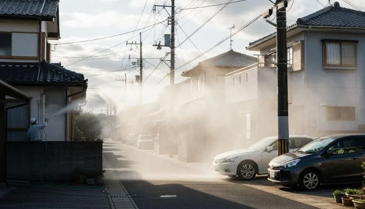 風のややある日に日本の住宅街で外壁塗装を行っている風景。塗装中の家から、塗料ミストが風に乗って周囲の車や家に影響を与える可能性があることを示唆するリアルな写真。