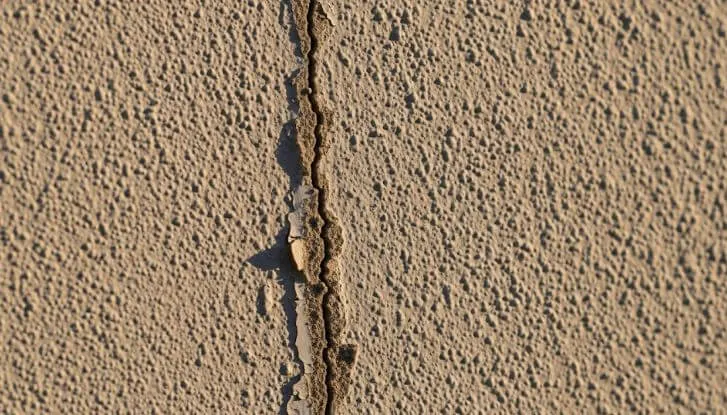 アパートの外壁に発生した、塗り替え時期のサインとなるひび割れ(クラック)のクローズアップ写真