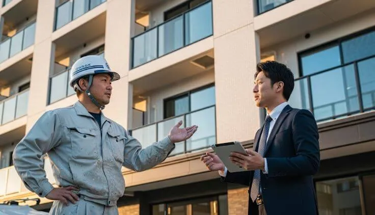 株式会社アップリメイクの専門スタッフ(作業員とスーツ姿の担当者)が、アパートの前で打ち合わせをしている。企業の専門性と信頼性を象徴している