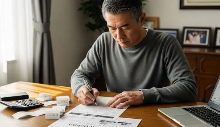 アパート経営者が、外壁塗装の費用を計上するために確定申告の書類に記入している様子の写真