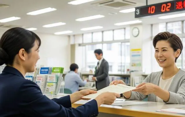 アパートの外壁塗装で利用できる助成金制度をイメージした写真。市役所の窓口で、担当者から助成金の決定通知書を受け取っている