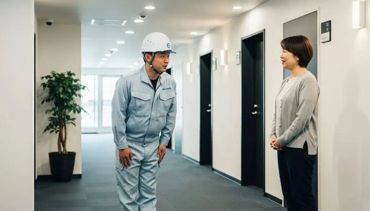 外壁塗装工事中、アパートの作業員が入居者の女性に、にこやかに工事内容を説明している様子の写真