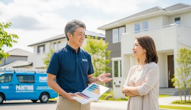 株式会社アップリメイクの代表取締役が、塗装の色見本帳を手に、戸建て住宅の前で女性顧客と笑顔で話している様子。背景には社名入りの車両が見える