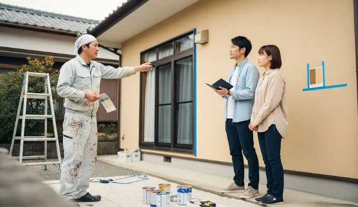 住宅の外壁前で、塗装職人が施主である夫婦に直接説明を行っている。職人直営店の丁寧なコミュニケーションを象徴する画像