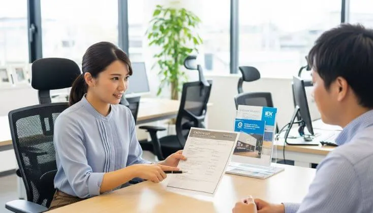 リフォーム会社の明るいオフィスで、スタッフが顧客に見積書の内容を指し示しながら丁寧に説明している。透明性をイメージさせる