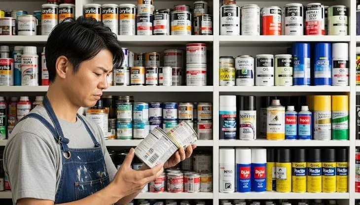 様々な種類の塗料缶が整然と並んだ棚の前で、塗装職人が最適な一缶を真剣に選んでいる。塗料の豊富な選択肢と専門性を表す
