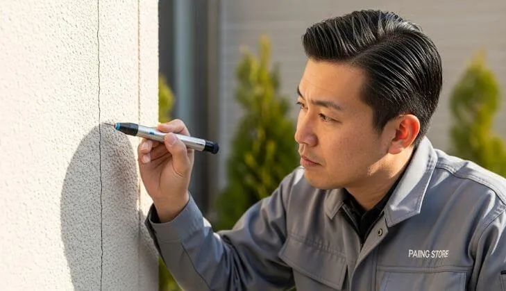 塗装専門店のスタッフが、診断機器を使って住宅の外壁にある細かなひび割れを真剣な表情で調査している。専門的な現地調査の様子