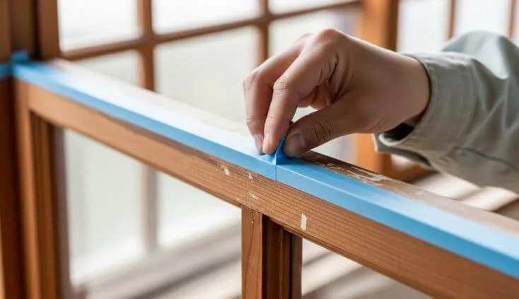 塗装職人の手が、窓のサッシに沿ってまっすぐにマスキングテープを貼っている。丁寧な養生作業が施工品質の高さを感じさせる。