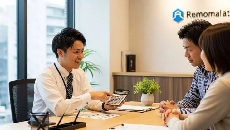 リフォーム会社のオフィスで、男性スタッフが向かいに座る夫婦に、電卓を使いながら支払い計画について親身に説明している
