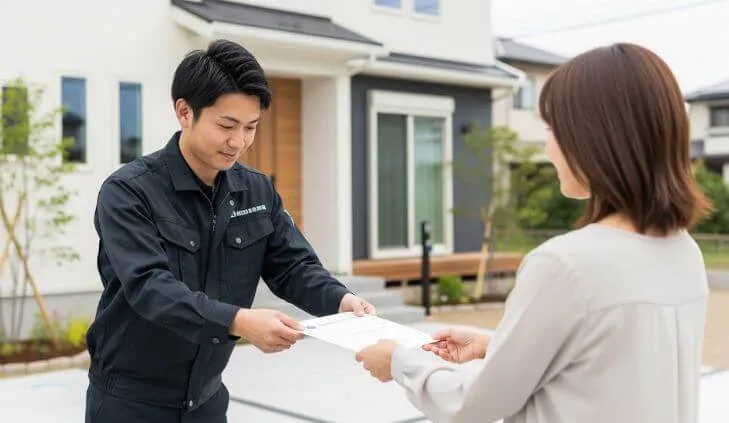 リフォームが完了した家の前で、作業着姿のスタッフが施主である女性に保証書を丁寧に手渡している。アフターサービスの信頼性を象徴する。
