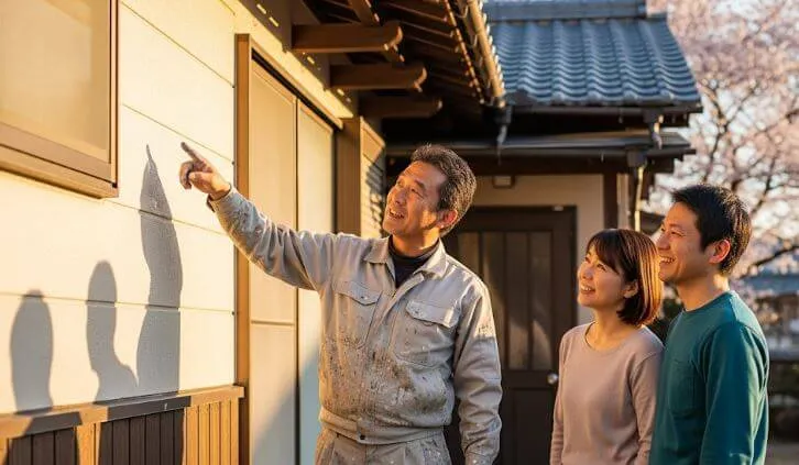 画像9 外壁塗装が完了した白い二階建て住宅の前で、満足そうな笑顔の夫婦が手をつなぎ、腕組みをした塗装職人と並んで立っている