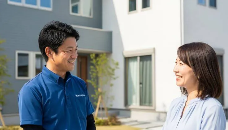 株式会社アップリメイク代表取締役が、住宅の前で顧客の女性と笑顔で話している、信頼感と顧客満足を示す写真