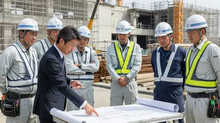 建設現場で元請けの現場監督が、複数の下請け業者に指示を出している写真。多重下請け構造をリアルに表現している