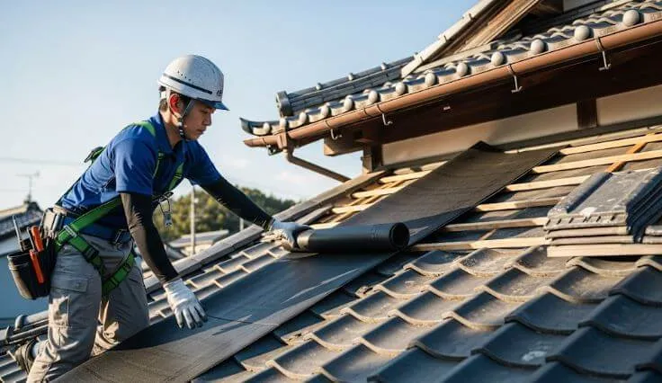高額な見積もりに含まれることがある屋根カバー工法の作業風景。職人が古い屋根の上に新しい屋根材を設置している