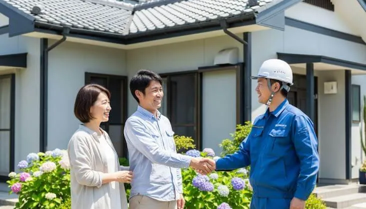 外壁塗装工事の完了後、きれいになった家の前で施主様とアップリメイクのスタッフが満足そうに笑顔で握手をしている記念写真