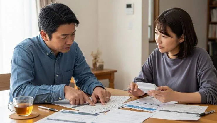 リビングのテーブルで、複数の外壁塗装見積書を真剣な表情で見比べている顧客夫婦の写真