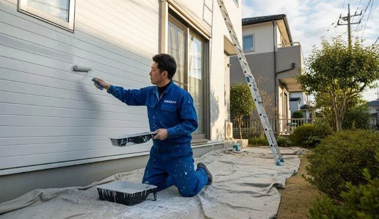 日本の一般的な住宅地で、プロの塗装職人が外壁の塗り替え作業を行っている様子
