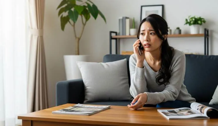 自宅のリビングで眉をひそめ、少し困惑した表情でスマートフォンを持つ日本人女性。