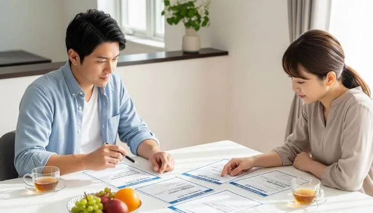 顧客が外壁塗装見積書を比較検討している画像。相見積もりで適正価格を把握する重要性を示唆している