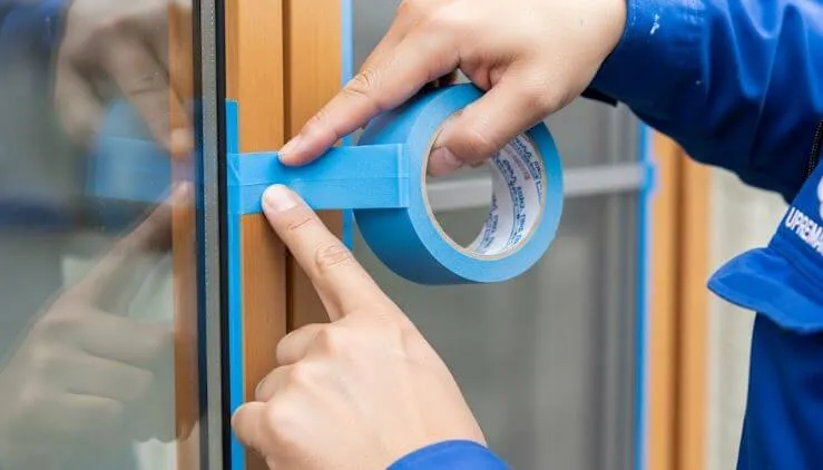 株式会社アップリメイクの塗装職人が、住宅の窓枠に丁寧に養生テープを貼っている作業風景の画像