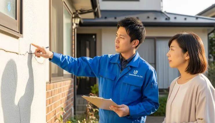 株式会社アップリメイクのスタッフが、お客様のご自宅前で外壁の状態を説明している様子