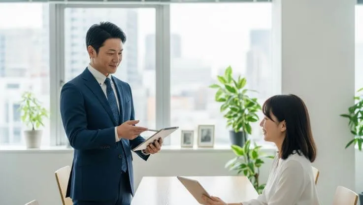 株式会社アップリメイク代表取締役。スーツを着用し、信頼感のある穏やかな笑顔でオフィスに立っていながら顧客と談話している画像