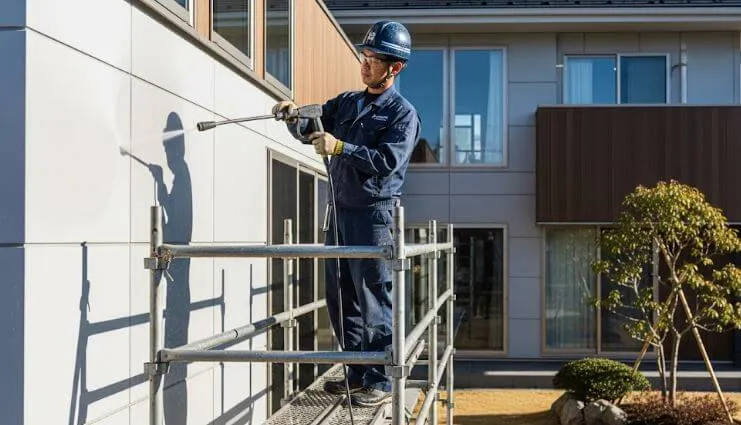 モダンな戸建て住宅の外壁塗装工事で、足場の上に乗った職人が高圧洗浄機を使い、壁を丁寧に洗浄している作業風景