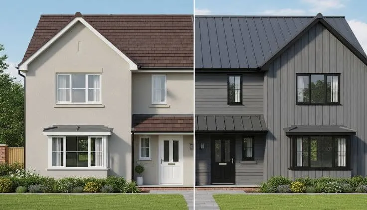 一戸建て住宅のカラーシミュレーション画像。左半分が塗装前のベージュ系の外壁で、右半分が塗装後のモダンなグレー系の外壁にシミュレーションされている