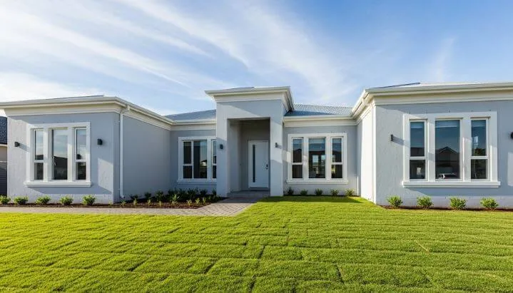 青空の下に建つ、外壁塗装が完了したモダンな一戸建て住宅。美しく清潔感のある仕上がりで、資産価値の維持を示唆している