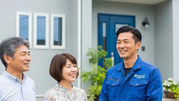 静岡の塗装会社アップリメイク代表取締役が、リフォーム後の住宅を背景に顧客と共に笑顔で立つポートレート