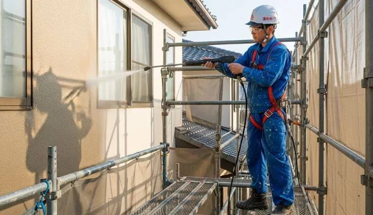 3階建て住宅の足場の上で、ヘルメットを着用した日本の塗装職人が安全対策を徹底しながら外壁の高圧洗浄作業を行っている様子