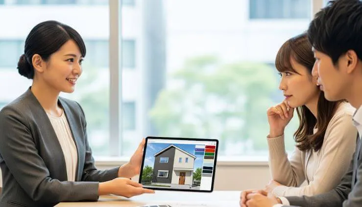 明るいオフィスで、カラーコーディネーターがタブレット端末を使い、若い夫婦に外壁塗装のカラーシミュレーションを提案している打ち合わせ風景