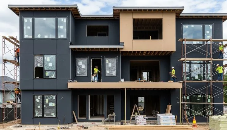 ダークグレーとベージュのおしゃれなツートンカラーで塗装された、モダンな3階建て住宅の外観施工事例