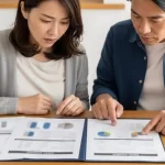 心配そうな表情の日本の夫婦が、外壁塗装の見積書を確認している。見積書には費用の内訳を示す円グラフがあり、「広告宣伝費」や「営業手数料」といった項目が大きな割合を占め、「実際の工事費」の割合が小さいことが視覚的に示されている