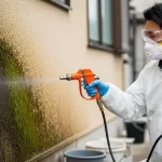 日本人の専門業者が、保護具を着用し、住宅の外壁に専用の噴霧器でバイオ洗浄剤を丁寧に塗布している様子