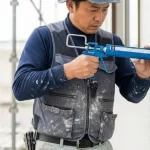 日本人の職人が、塗装工事の前にコーキングガンで新しいシーリング材を充填している「先打ち」工法の作業風景