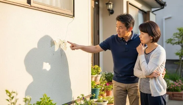 築20年を迎えた自宅の外壁を、真剣な表情で点検している中年の日本人夫婦