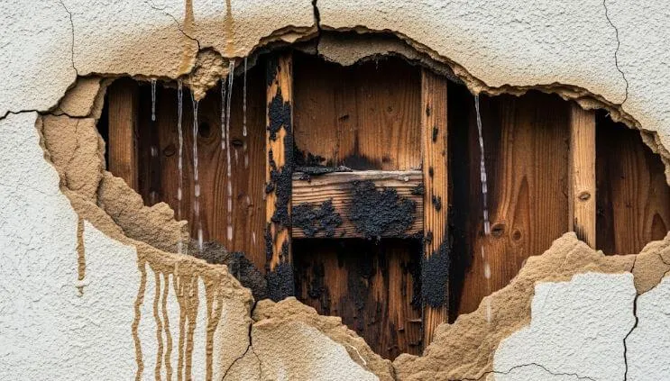 外壁のひび割れから雨水が浸入し、内部の木材が腐食していく様子が描かれた住宅