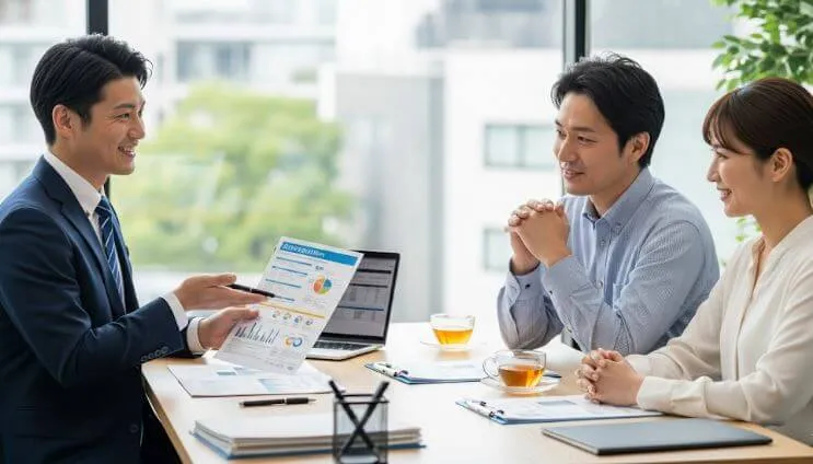 事務所で、リフォームローンについて日本人夫婦に笑顔で説明する、信頼できそうなファイナンシャルプランナー