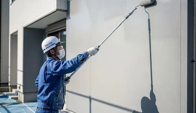 ヘルメットを着用した日本人外壁塗装職人が、外壁に高耐久な無機塗料をローラーで塗布している様子