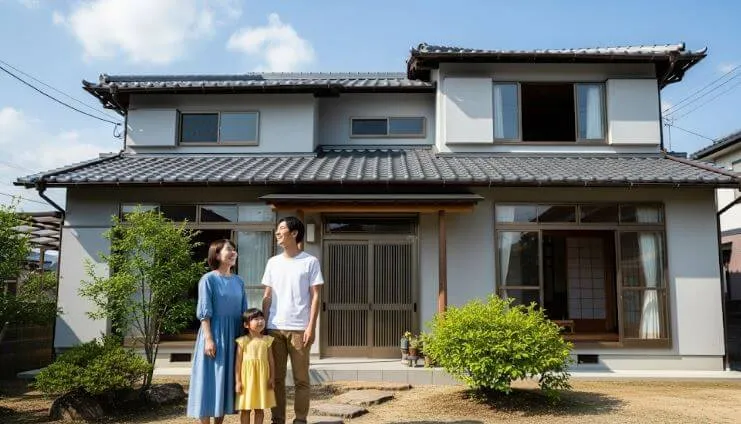 青空の下、きれいに塗り替えられたマイホームを満足そうに眺める、日本の若い家族