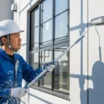 熟練した日本の塗装職人が、真剣な表情でローラーを使い、手際良く丁寧にマンションの外壁を塗装している作業風景