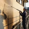リシン吹き付け外壁に付着したカビやコケを高圧バイオ洗浄で除去している様子。塗装前の重要な下地処理