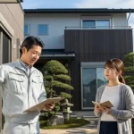 誠実そうな日本の塗装職人が、家の前で施主である夫婦に丁寧に工事内容を説明している様子の写真