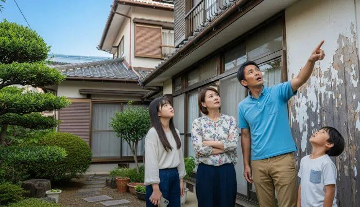 自宅の外壁を見上げながら、塗装の必要性について心配そうに話し合っている日本の家族