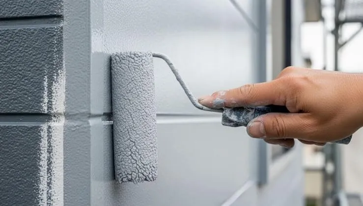 日本の塗装職人が、ローラーを使って住宅の外壁を丁寧かつ均一に塗装している様子のクローズアップ