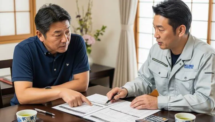 日本人の施主が、専門の業者とテーブルを囲み、詳細な見積書の内容について真剣に確認している場面
